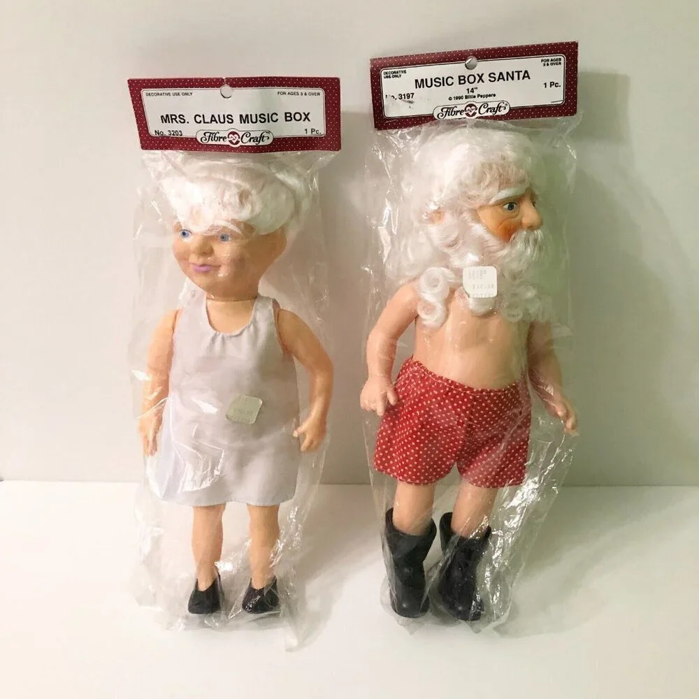 Vintage 1990 Fibre Craft Santa and Mrs Claus Music Box Dolls